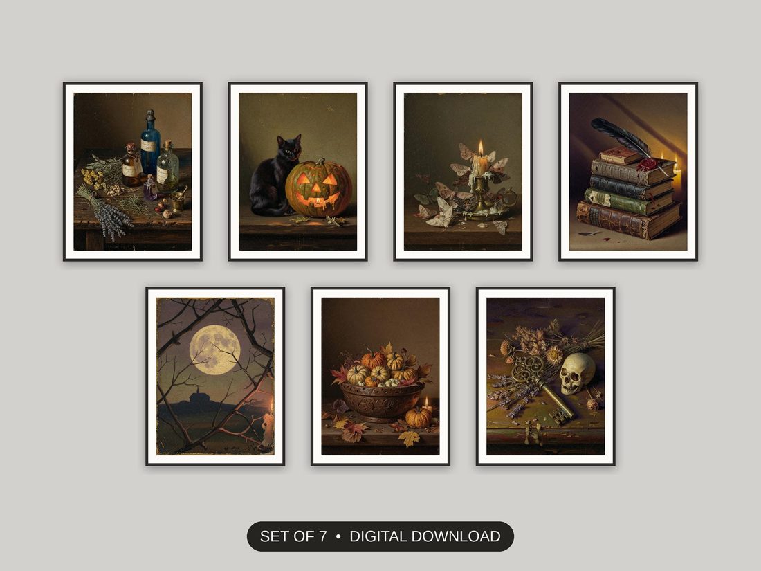 Set of 7 halloween decor printable prints shown as a gallery wall