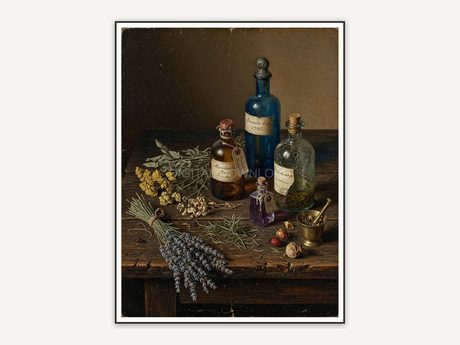 Vintage oil painting of potion bottles and herbs on dark wood