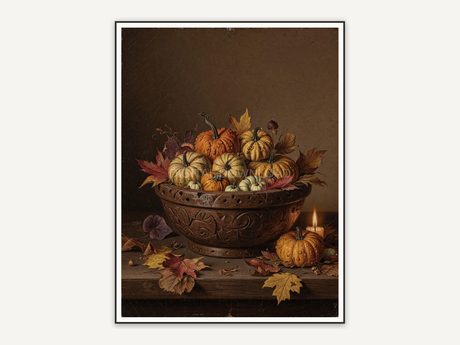 Vintage oil painting of wooden bowl with tiny pumpkins