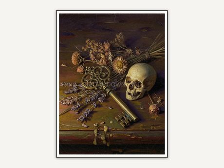 Vintage oil painting of antique key beside skull and flowers