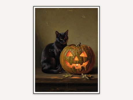 Vintage oil painting of black cat with glowing pumpkin