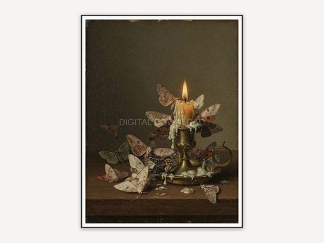 Vintage oil painting of moths circling a brass candle holder