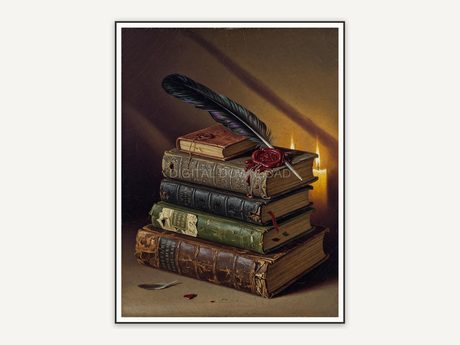 Vintage oil painting of stacked books with raven feather