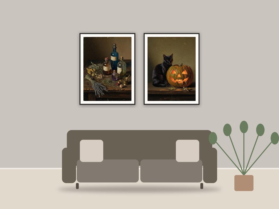 halloween decor printable art framed above a sofa in a styled living room