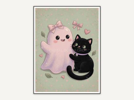 Ghost and black cat pair in whimsical spooky style