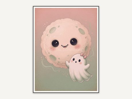 Small ghost under full moon in soft pastel colors