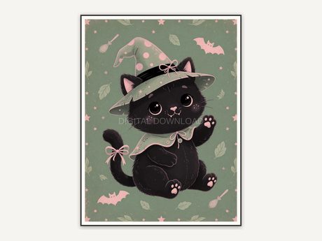 Rounded black cat wearing witch hat in soft pastel tones