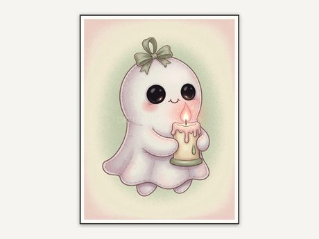 Cute ghost holding candle with sage and pink palette
