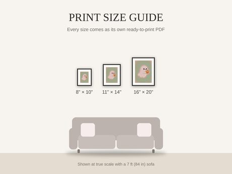 Print size guide showing 8x10, 11x14, and 16x20 framed prints at true scale beside a sofa