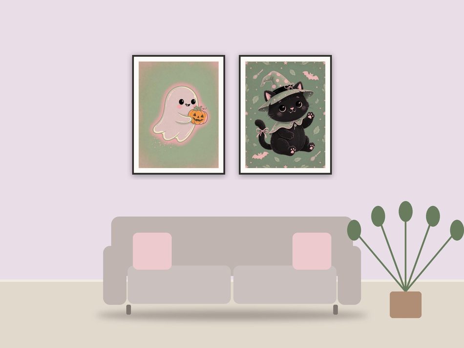 halloween decor and spooky season wall art printable art framed above a sofa in a styled living room