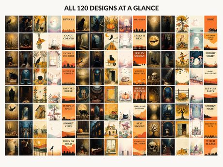 All 120 Halloween printable designs in the bundle shown together on one contact sheet