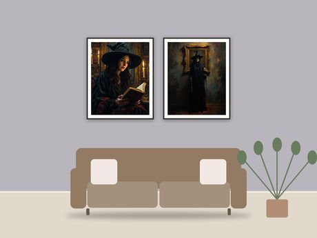 Gothic Manor Studies printable art framed above a sofa in a styled living room