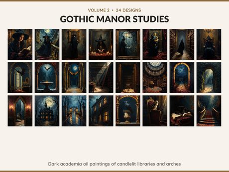 Volume 2 Gothic Manor Studies: 24 printable Halloween art designs, dark academia oil paintings of candlelit libraries and arches