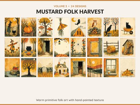 Volume 3 Mustard Folk Harvest: 24 printable Halloween art designs, warm primitive folk art with hand-painted texture