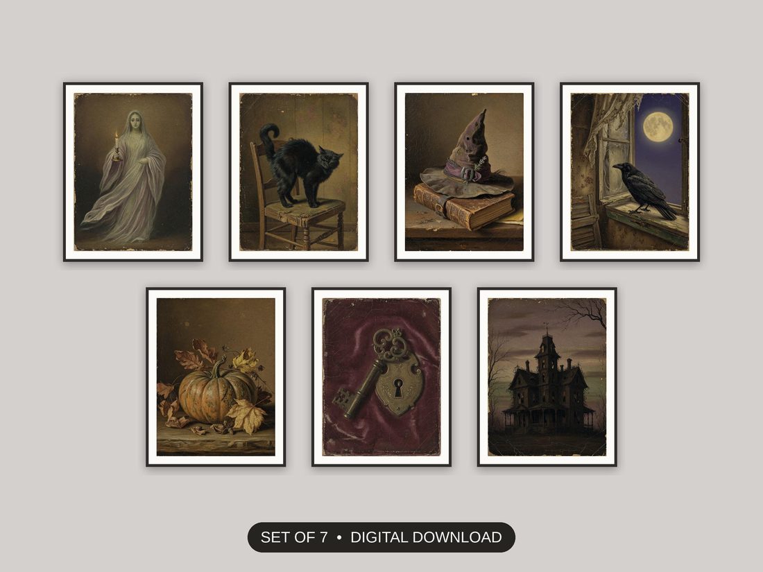 Set of 7 halloween gallery wall printable prints shown as a gallery wall