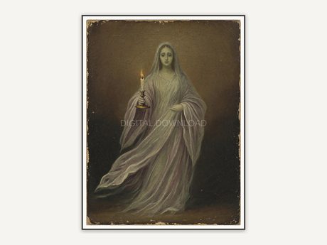 Vintage-style oil painting of a robed ghost holding a candle in muted brown tones