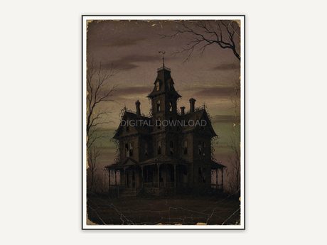 Vintage cracked oil painting of a distant haunted house silhouette at dusk