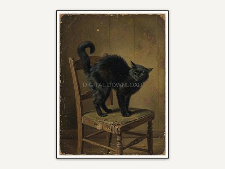 Antique oil painting of an arched black cat on a wooden chair in sepia hues