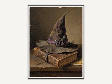 Cracked-varnish oil painting of a witch hat resting on an old leather book