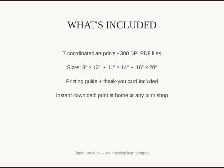 What's included: 7 art prints as 300 DPI PDFs in three sizes plus printing guide and thank-you card