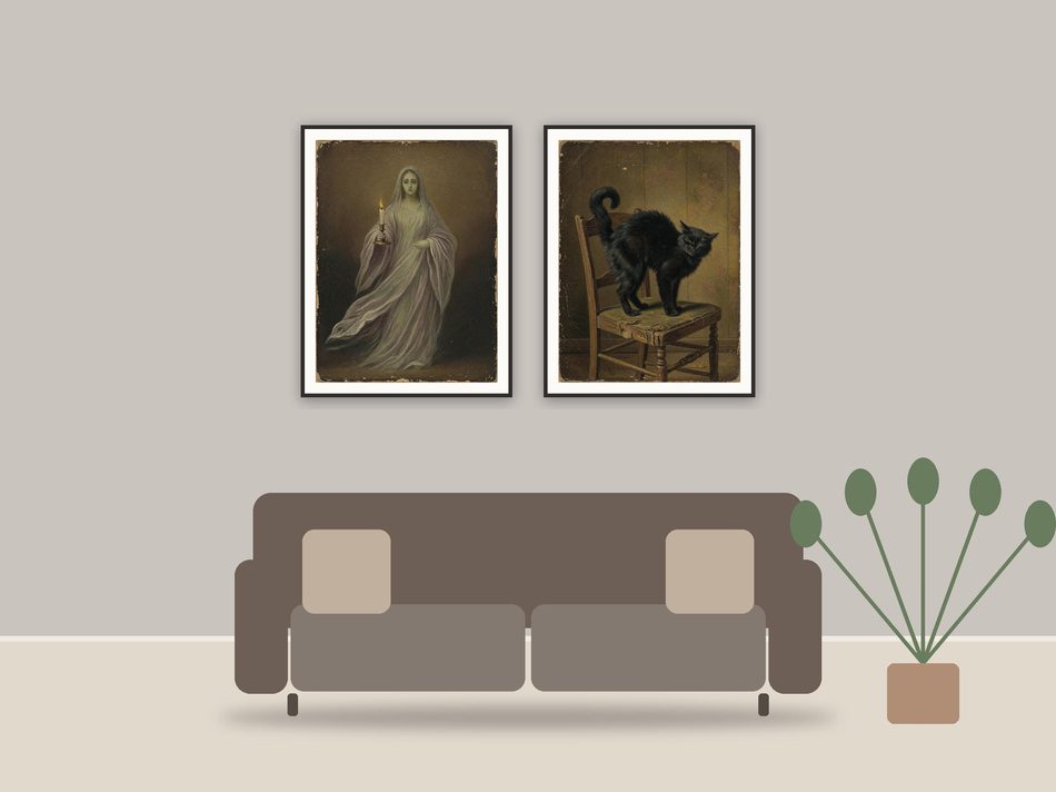 halloween gallery wall printable art framed above a sofa in a styled living room