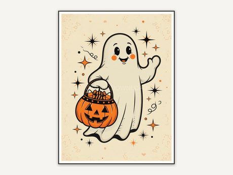 Retro mid-century ghost with pumpkin bucket in orange and black