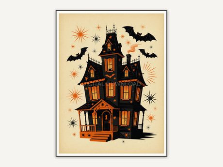 Haunted house with glowing windows and bats, mid-century flat art