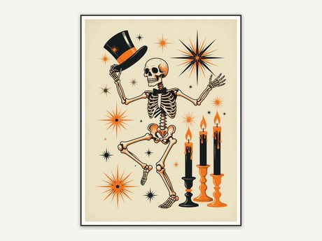 Dancing skeleton with top hat and candles, orange black cream palette