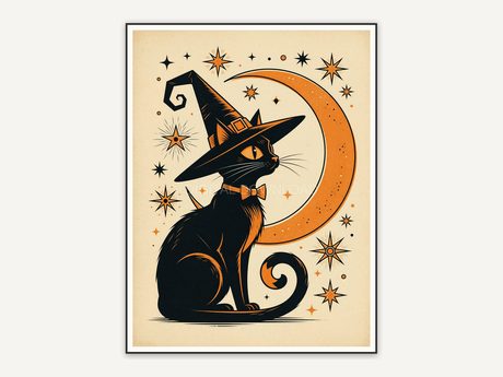 Black cat in witch hat with crescent moon, retro flat style