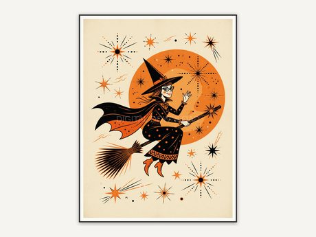 Witch on broomstick flying past full moon, 1950s poster look
