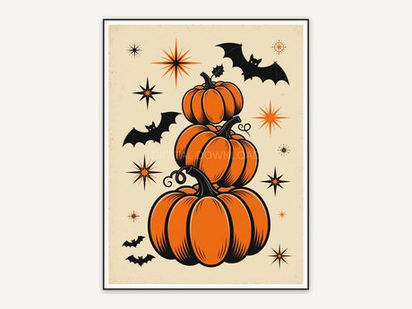 Three stacked pumpkins with bat silhouettes, atomic accents