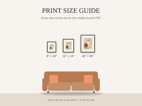 Print size guide showing 8x10, 11x14, and 16x20 framed prints at true scale beside a sofa