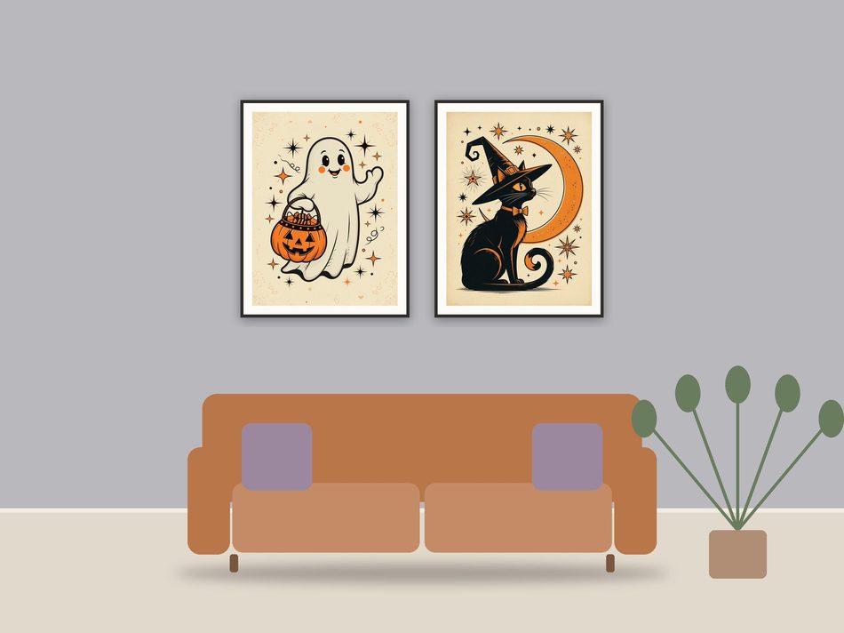 retro mid-century halloween home decor printable art framed above a sofa in a styled living room