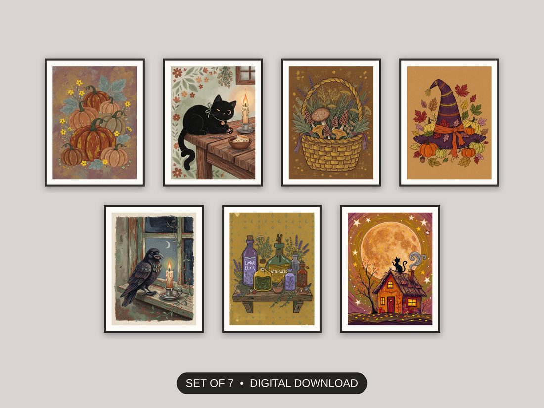 Set of 7 halloween kitchen art printable prints shown as a gallery wall