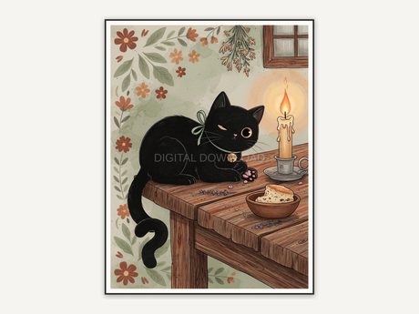 Black cat on wooden table with candle
