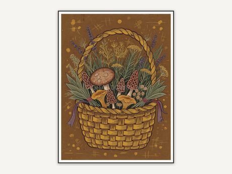 Herbs and mushrooms in woven basket