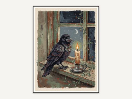 Raven on windowsill beside glowing candle
