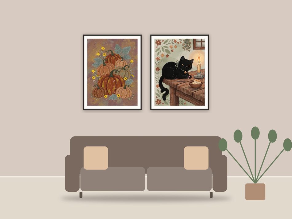 halloween kitchen art printable art framed above a sofa in a styled living room