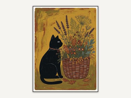 Primitive folk black cat with autumn herbs in mustard and rust tones