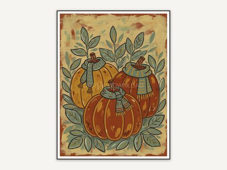 Three small pumpkins with scarves among sage leaves
