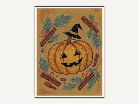 Naive pumpkin wearing a witch hat beside sage leaves and cinnamon