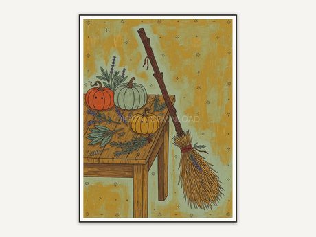 Witch broom against wooden table with pumpkins and herbs