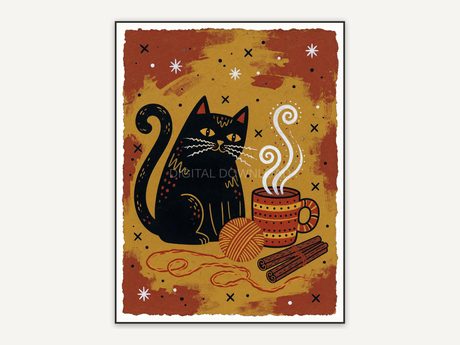 Black cat with yarn beside steaming mug and cinnamon sticks