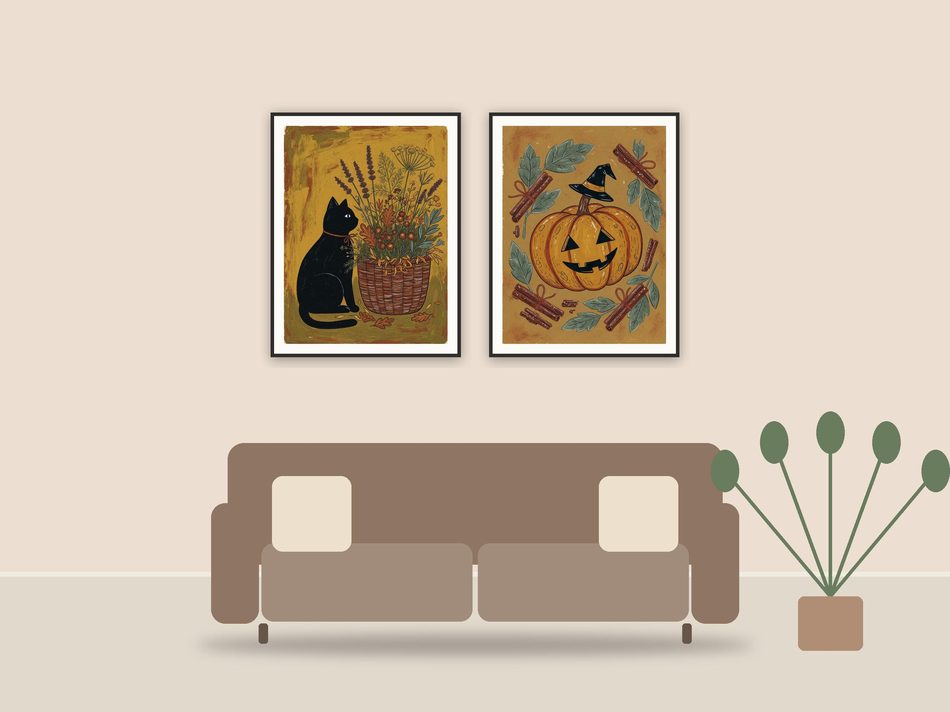 halloween kitchen prints printable art framed above a sofa in a styled living room
