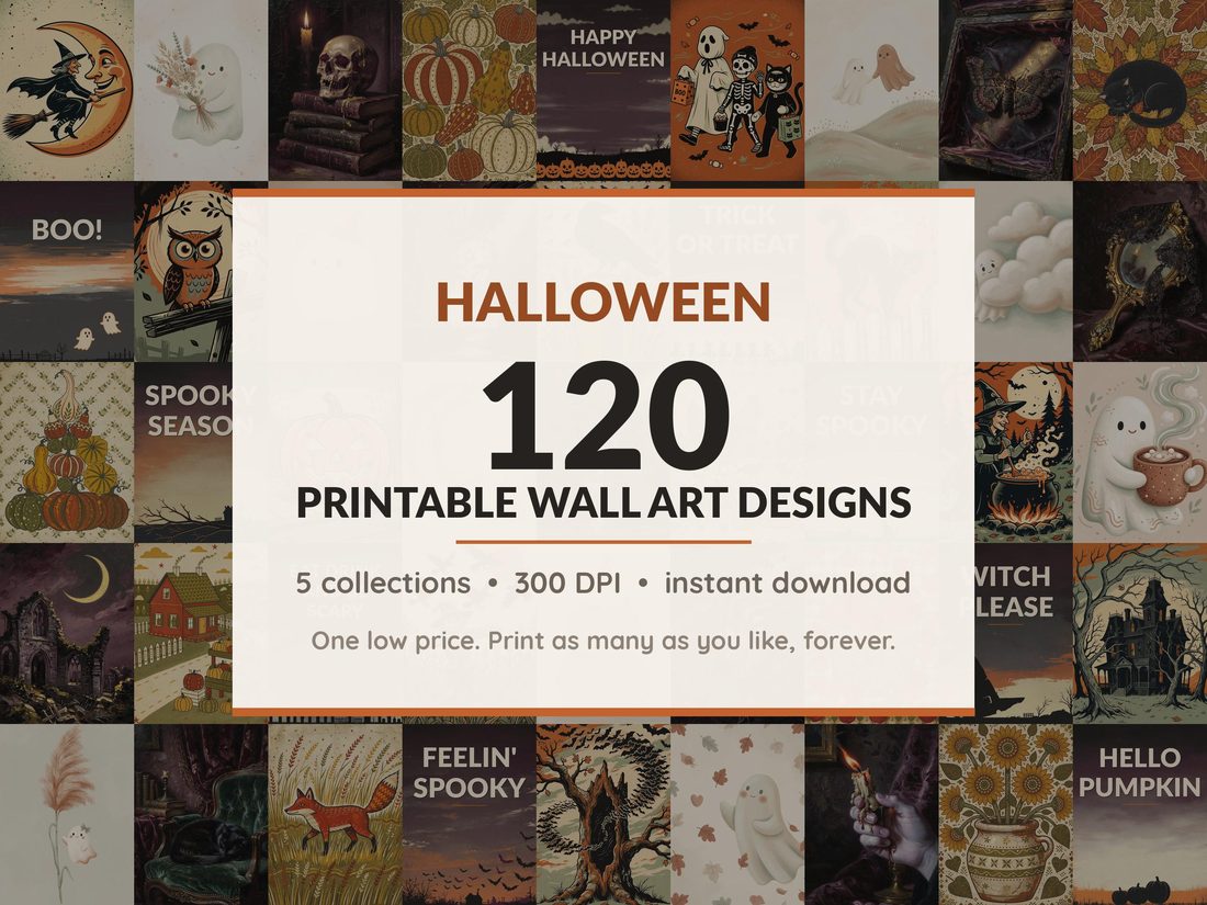 Halloween printable wall art mega bundle with 120 spooky art prints including ghosts, pumpkins and vintage Halloween posters