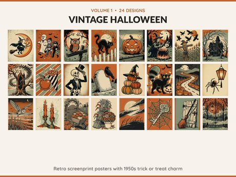 Volume 1 Vintage Halloween: 24 printable Halloween art designs, retro screenprint posters with 1950s trick or treat charm
