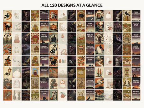 All 120 Halloween printable designs in the bundle shown together on one contact sheet