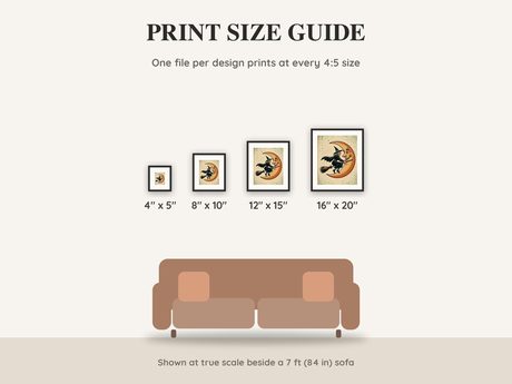 Print size guide showing 4x5, 8x10, 12x15 and 16x20 inch Halloween prints at true scale beside a sofa