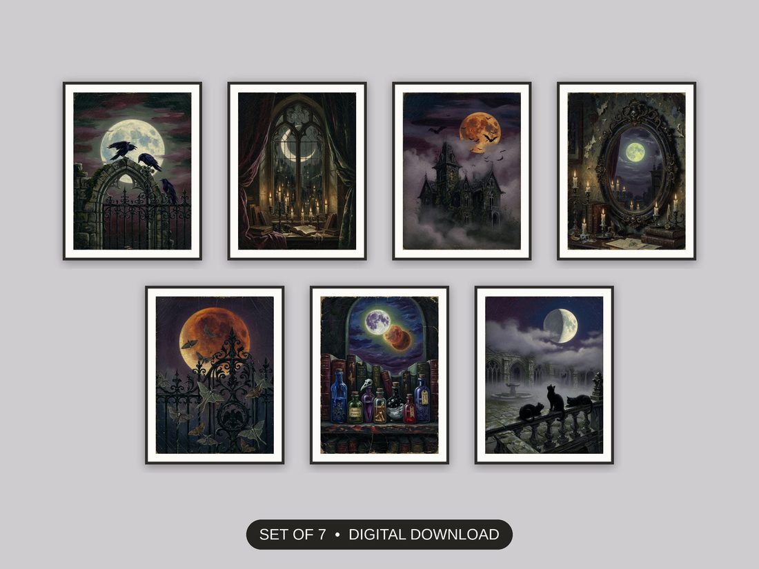 Set of 7 halloween decor and spooky season wall art printable prints shown as a gallery wall