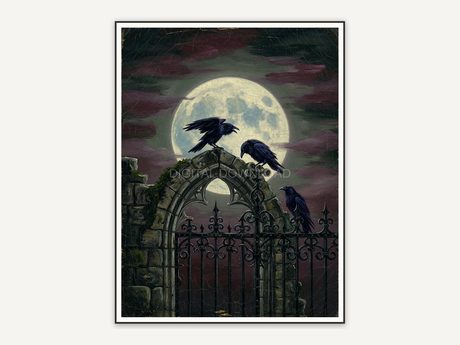 Gothic full moon behind stone arch with ravens
